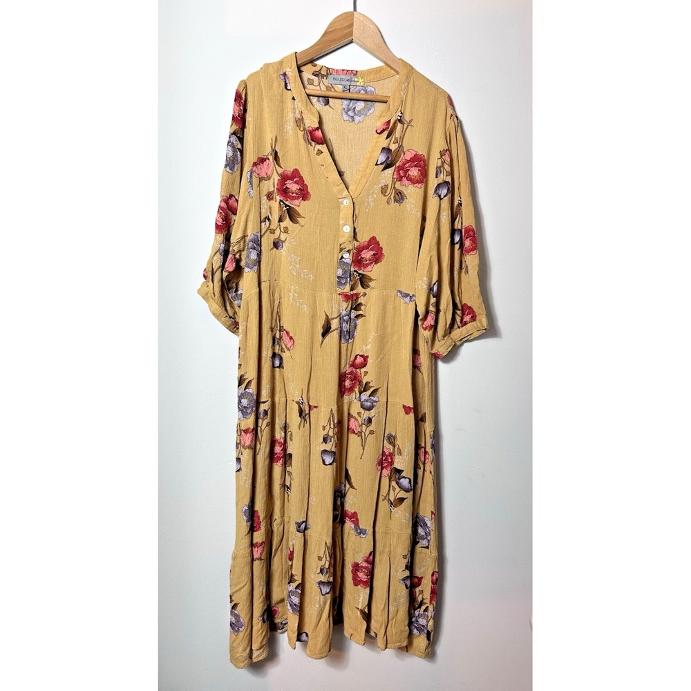 Figueroa & Flower Dress Womens XL Mustard Yellow Red Floral Maxi Boho Artsy‎ 3/4